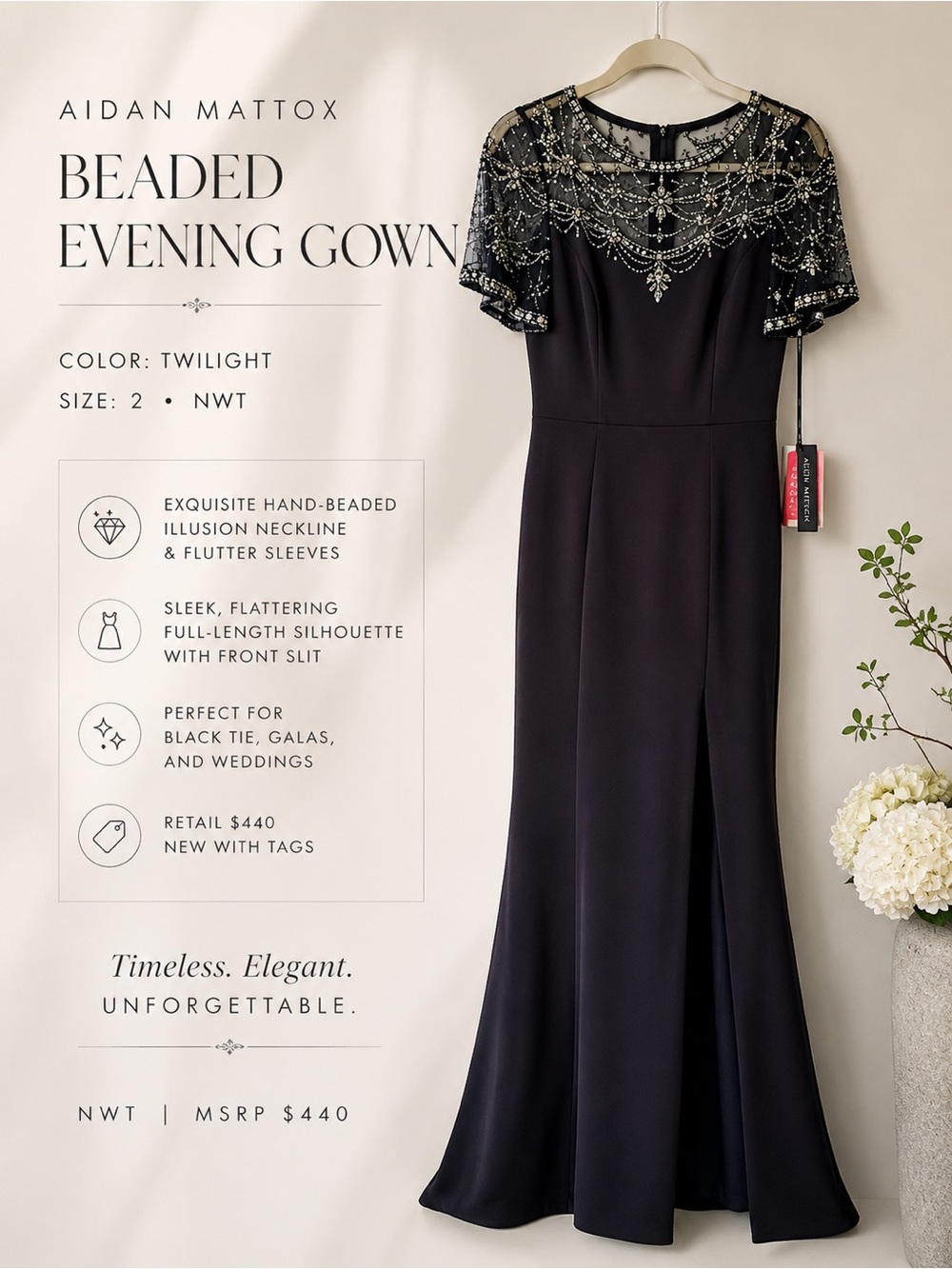 Navy Blue Aidan Mattox Beaded Gown Size 2 - Picture 2 of 12